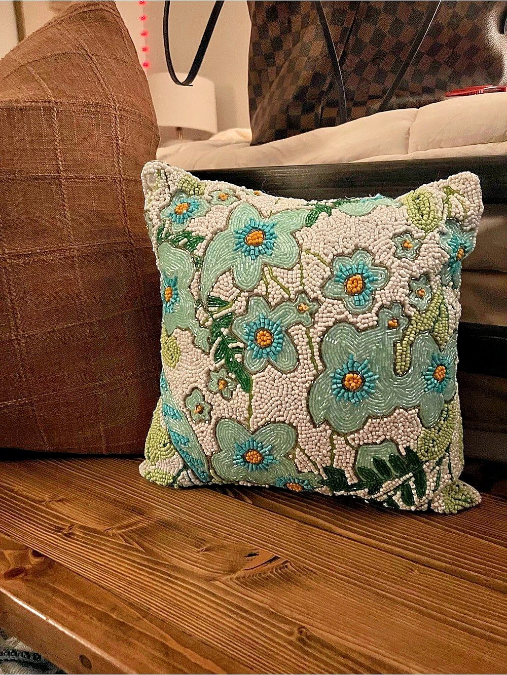 Hand Beaded Floral Accent Pillow in White & Blue Like New